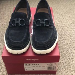 Blue suede ferragamo loafers